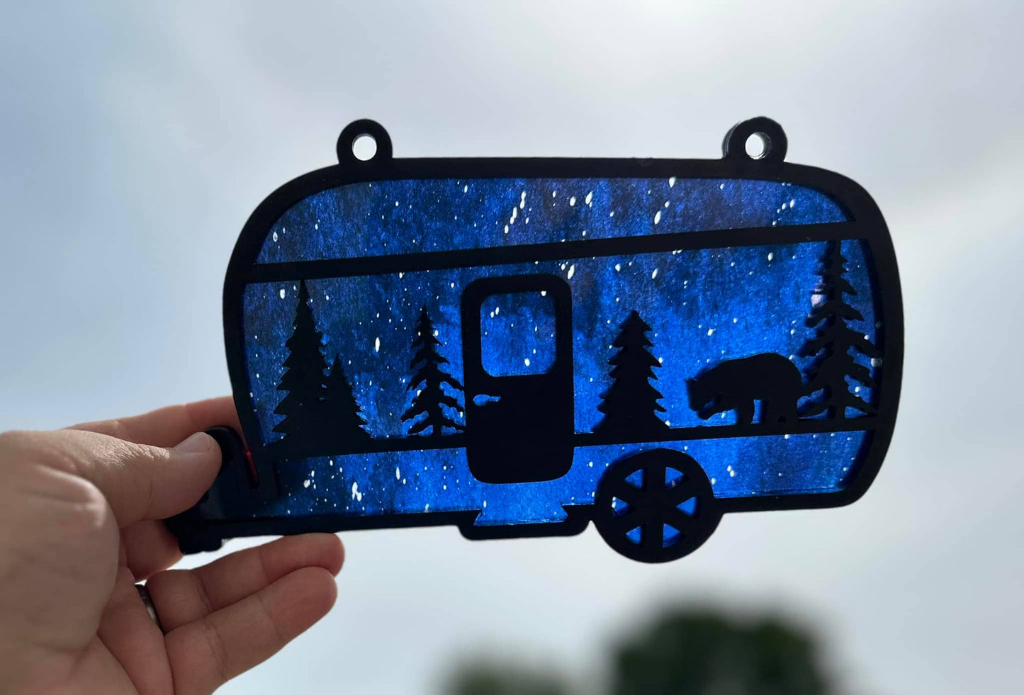RV Camper Sun Catcher Christmas Ornament Hanging Travel Trailer Camping Acrylic and Wood Laser Cut