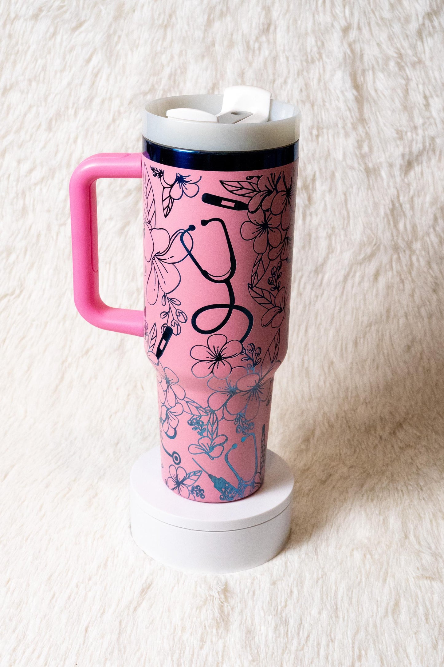 Personalized Nurse Tumbler 40oz: Floral Stethoscope Engraved Stainless Steel Cup