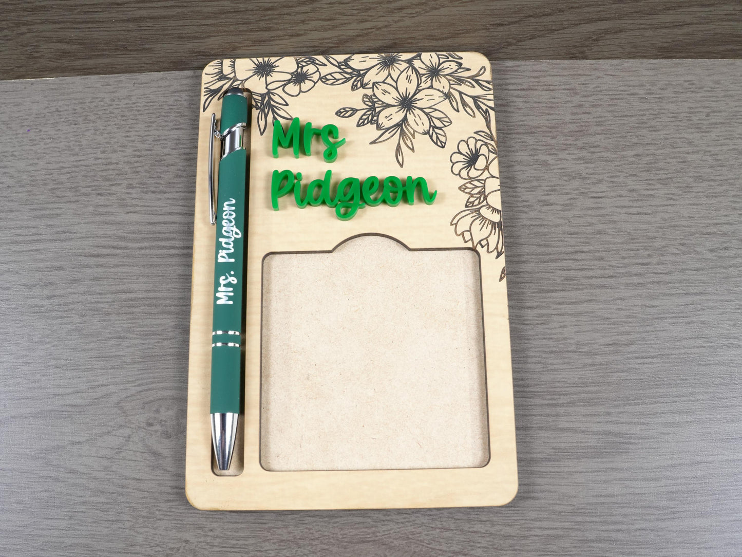 Personalized Wooden Sticky Note & Pen Holder, Engraved Teacher Desk Organizer