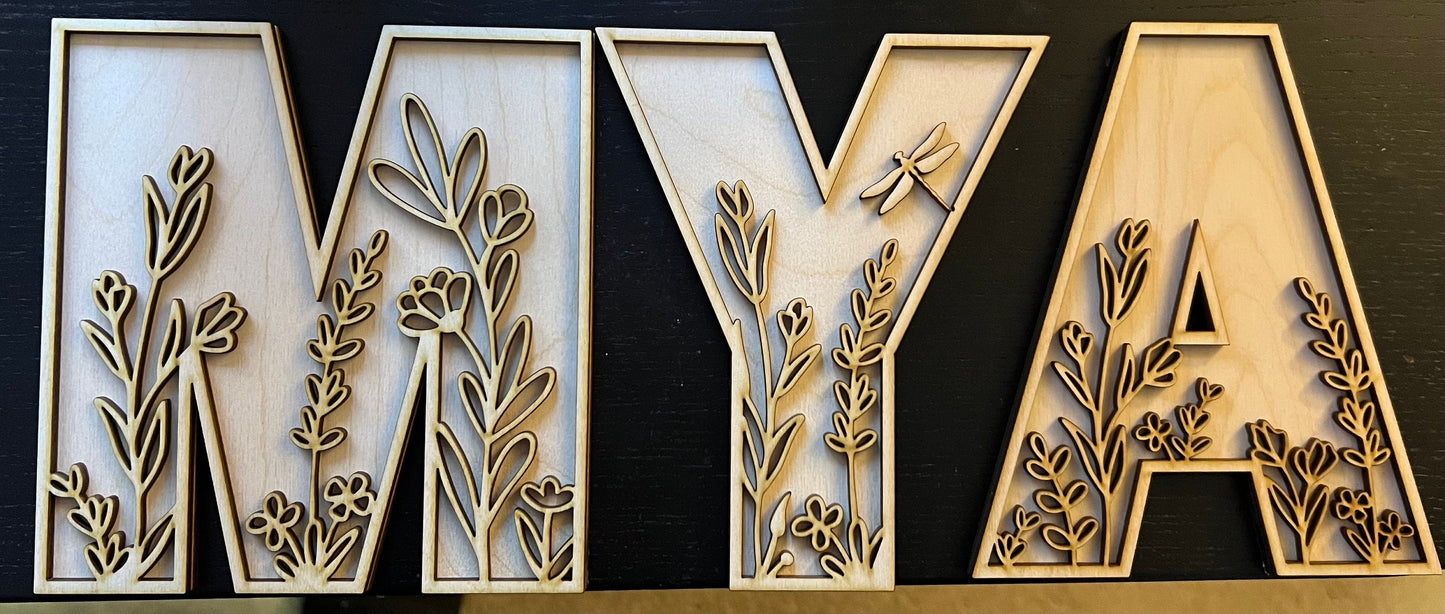 Wall Art for Nursery - Personalized Wooden Name with Acrylic Floral Outline - Custom Nursery Gift