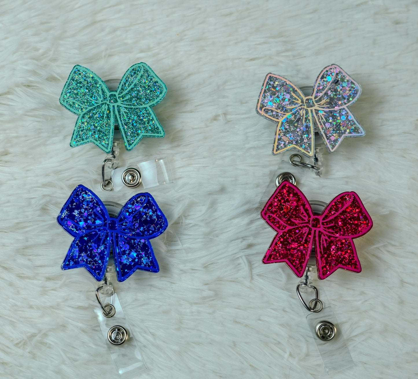 Glitter Cheer Bow Badge Reel: Holographic Vinyl, Retractable Clip