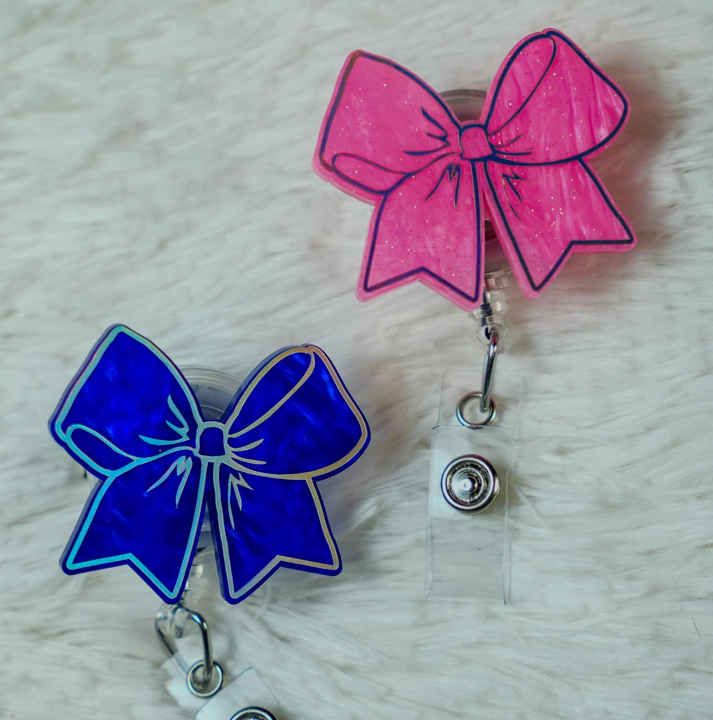 Glitter Cheer Bow Badge Reel: Holographic Vinyl, Retractable Clip