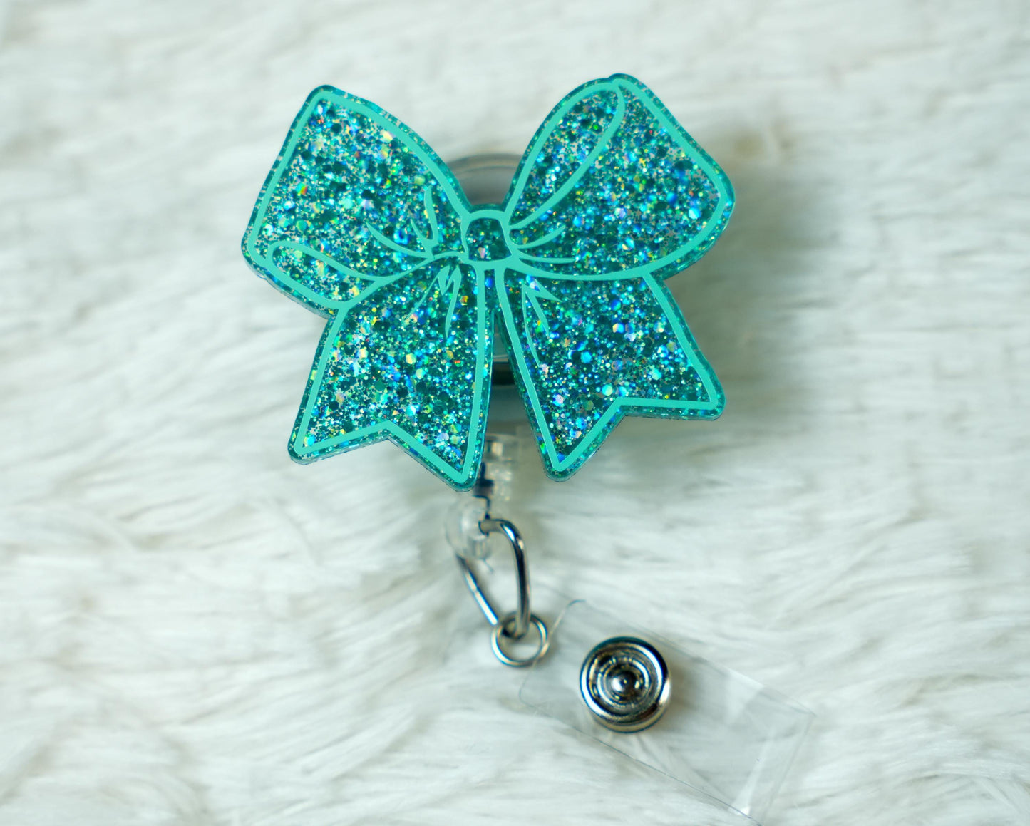 Glitter Cheer Bow Badge Reel: Holographic Vinyl, Retractable Clip