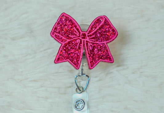Glitter Cheer Bow Badge Reel: Holographic Vinyl, Retractable Clip