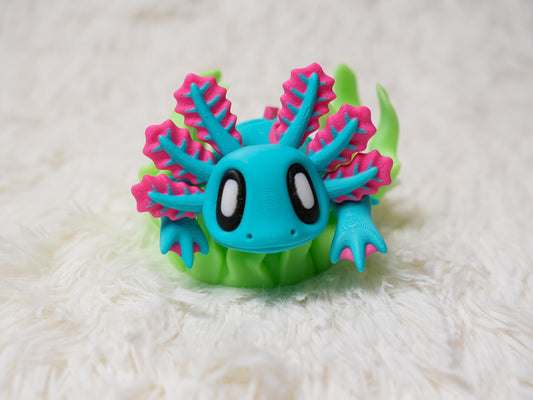 3D Printed Articulating Axolotl Fidget Toy with Glow-in-the-Dark Seaweed Bed