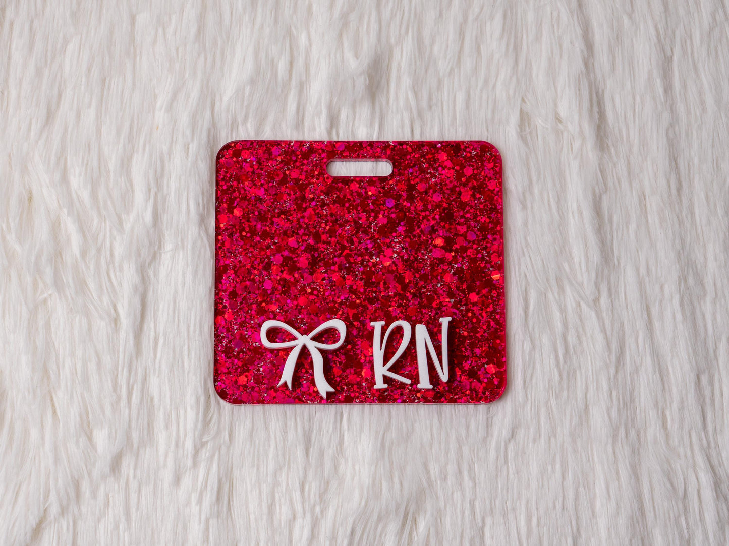 Glitter RN Badge Buddy: Acrylic Nurse Gift, Coquette Bow Accent