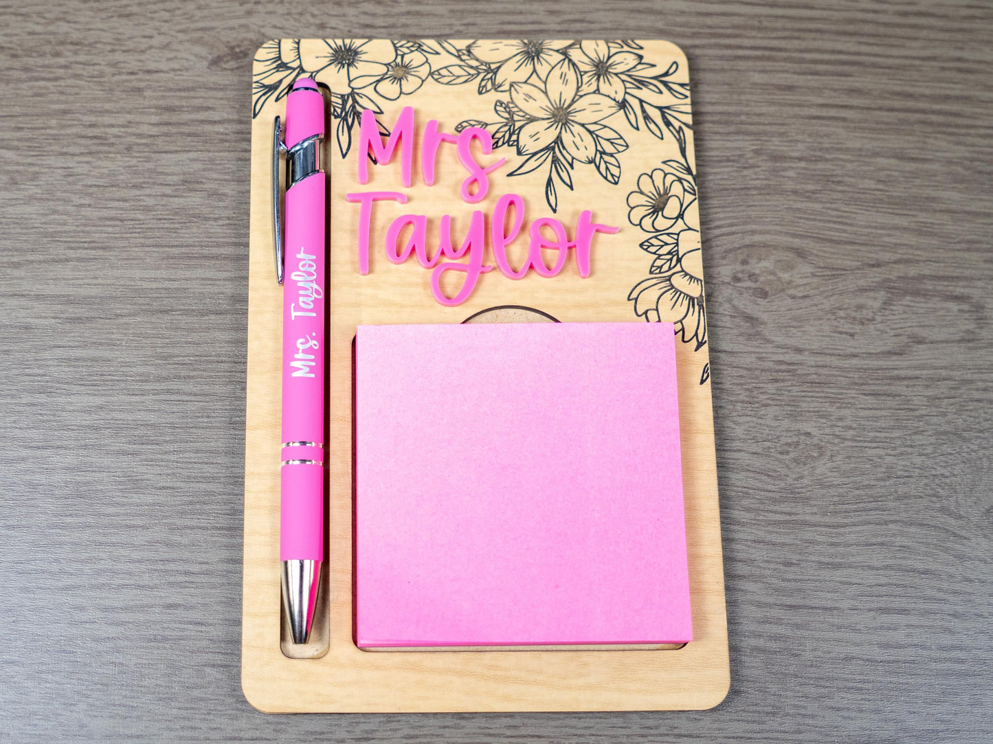 Personalized Wooden Sticky Note & Pen Holder, Engraved Teacher Desk Organizer