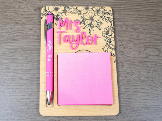 Personalized Wooden Sticky Note & Pen Holder, Engraved Teacher Desk Organizer