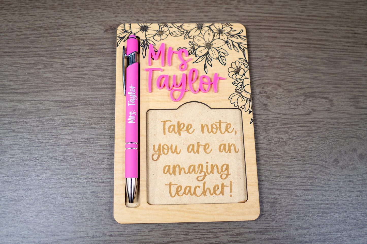 Personalized Wooden Sticky Note & Pen Holder, Engraved Teacher Desk Organizer