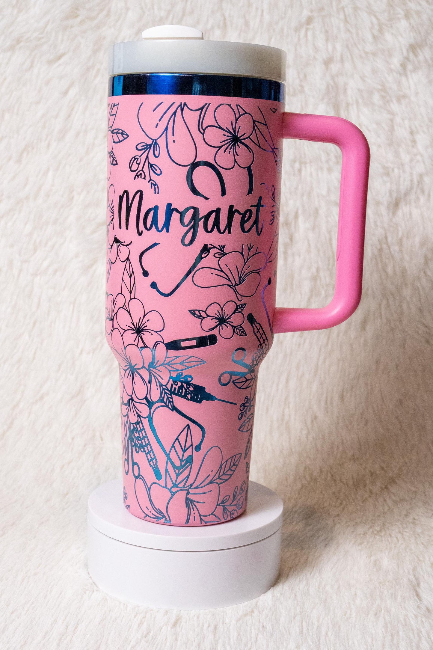 Personalized Nurse Tumbler 40oz: Floral Stethoscope Engraved Stainless Steel Cup