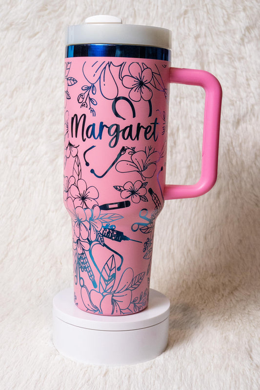 Personalized Nurse Tumbler 40oz: Floral Stethoscope Engraved Stainless Steel Cup
