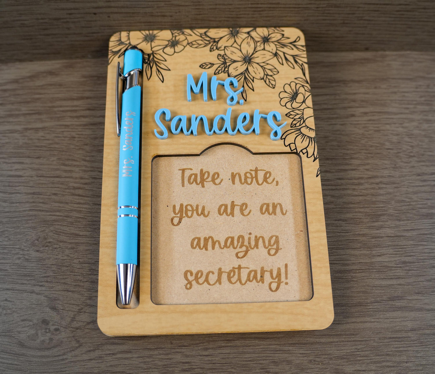 Personalized Wooden Sticky Note & Pen Holder, Engraved Teacher Desk Organizer