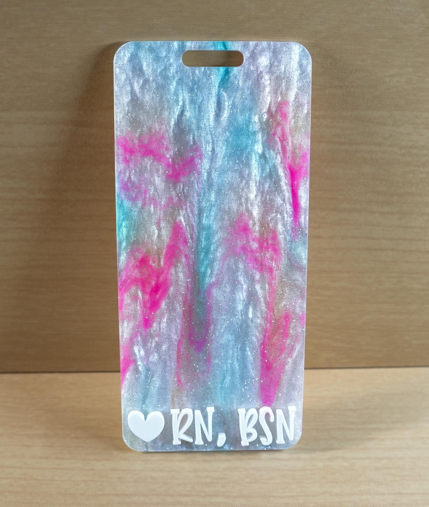 Glitter Heart Badge Buddy: RN Nurse Gift, Acrylic Badge Accessory