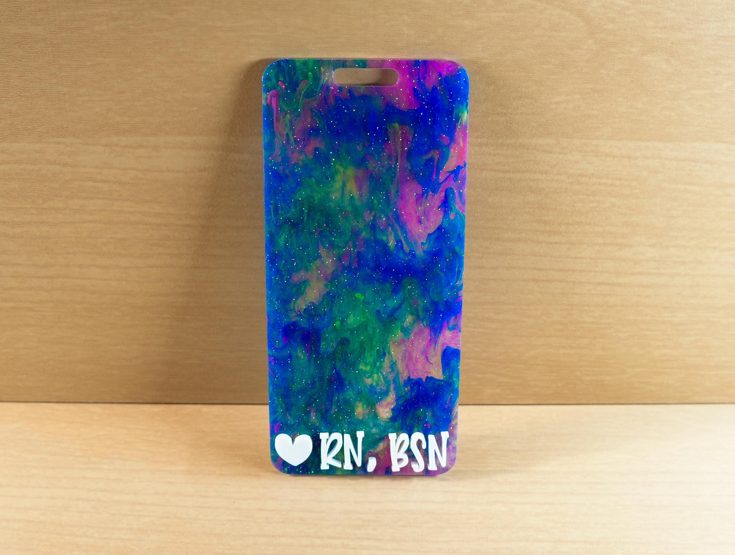 Glitter Heart Badge Buddy: RN Nurse Gift, Acrylic Badge Accessory