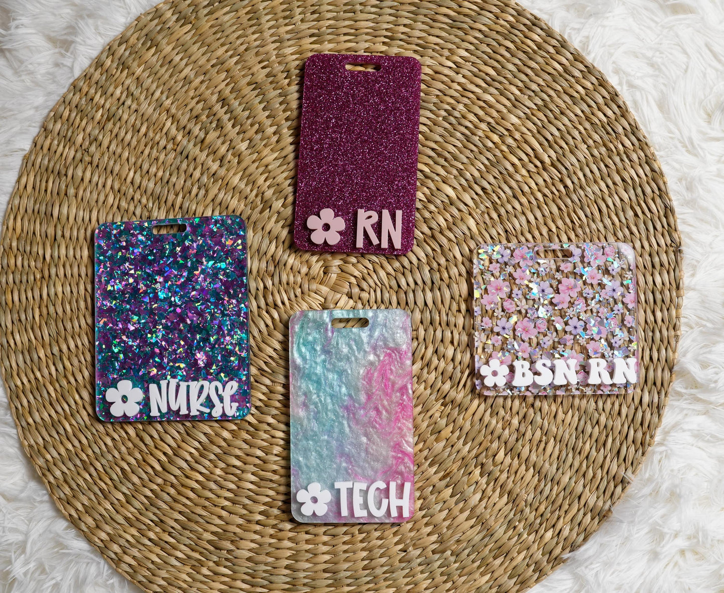 Daisy Glitter Badge Buddy: RN Nurse Gift, Acrylic Badge Reel Accessory