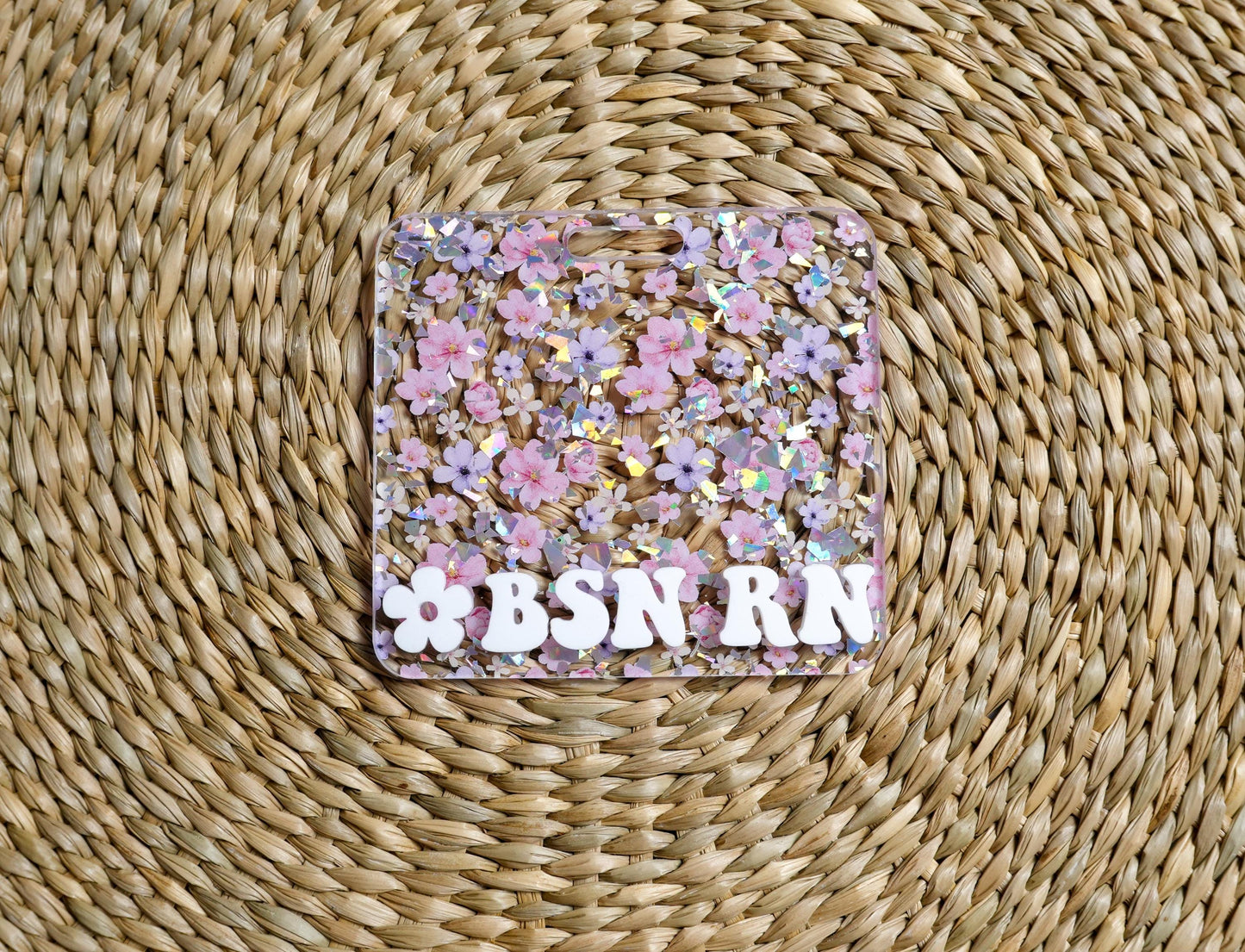 Daisy Glitter Badge Buddy: RN Nurse Gift, Acrylic Badge Reel Accessory